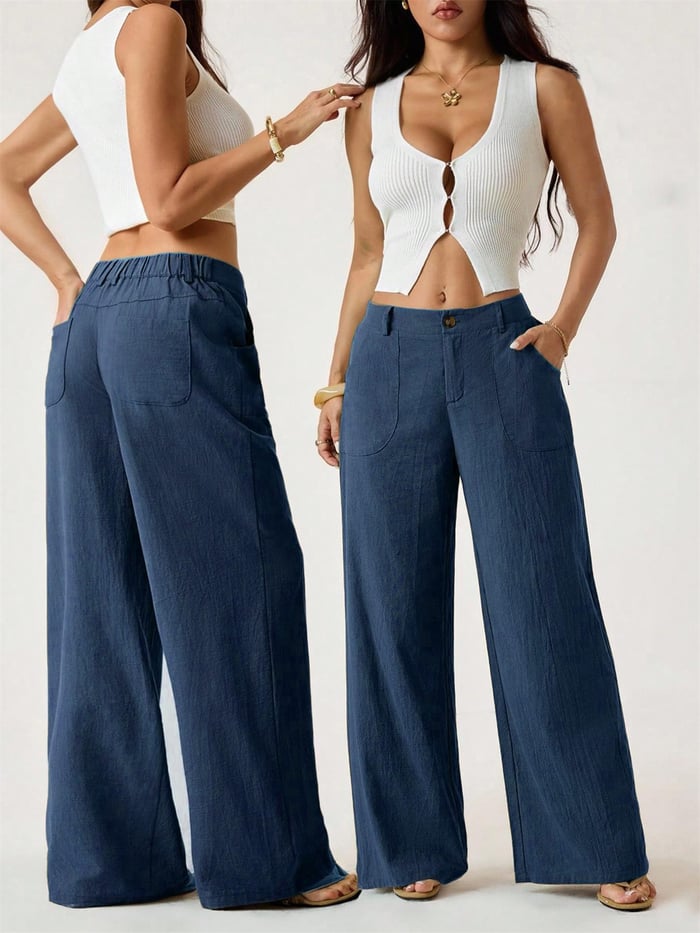 Damen Palazzo Hose aus Baumwoll-Leinen | High Waist Sommerhose mit Weitem Bein &amp; Taschen | Luftig &amp; Bequem