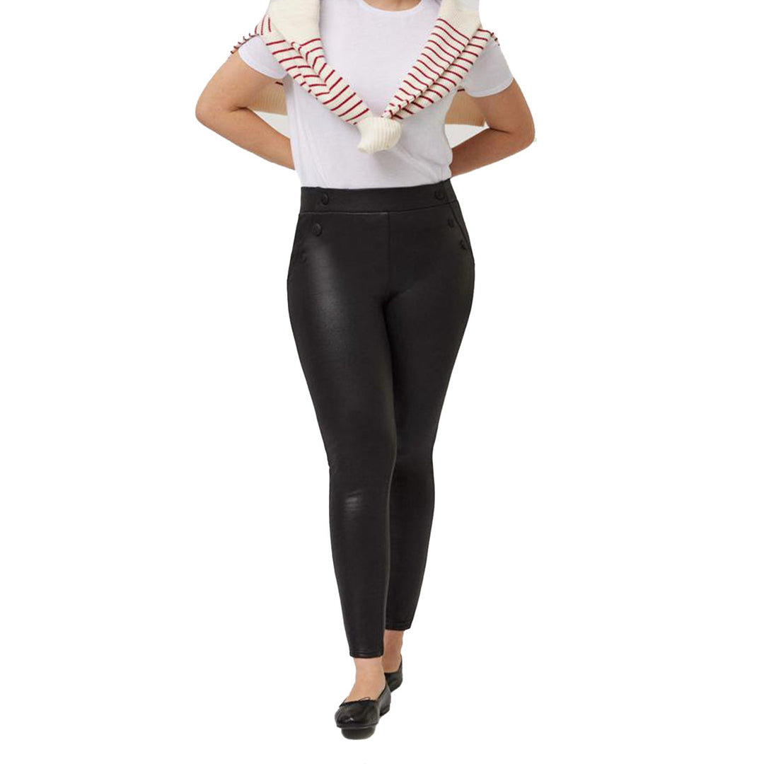 Damen Thermo-Leggings aus Kunstleder | Eng anliegende Leggings mit Plüschfutter, Stretch und Knopfdetails für kalte Tage