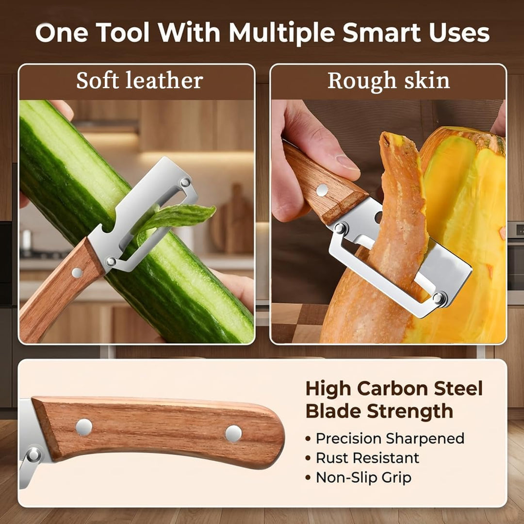 Obst- und Gemüseschäler | 2-in-1 Edelstahlschäler mit breiter Klinge, ergonomischem Holzgriff und Flaschenöffner