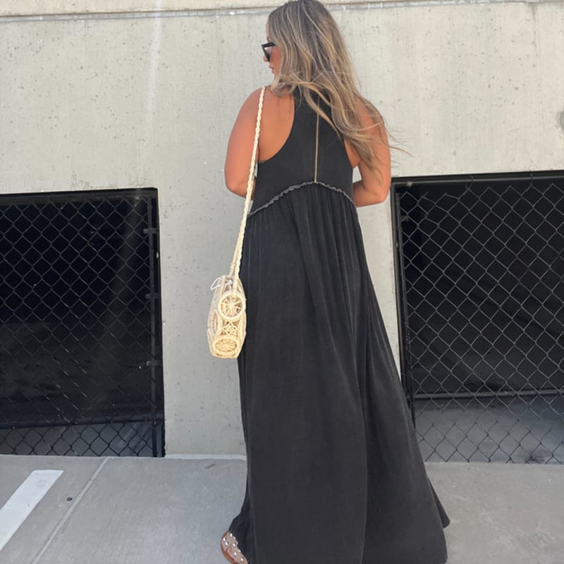 Damen Maxikleid mit Schlitz | luftiges Sommer Tankkleid mit Empire-Taille | Stufenrock &amp; Spitzensaum | locker fallend