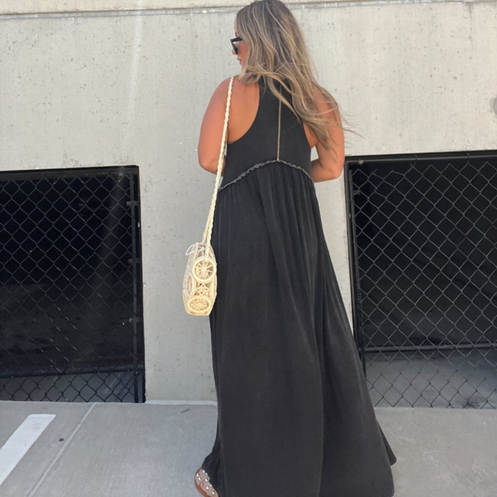 Damen Maxikleid mit Schlitz | luftiges Sommer Tankkleid mit Empire-Taille | Stufenrock &amp; Spitzensaum | locker fallend