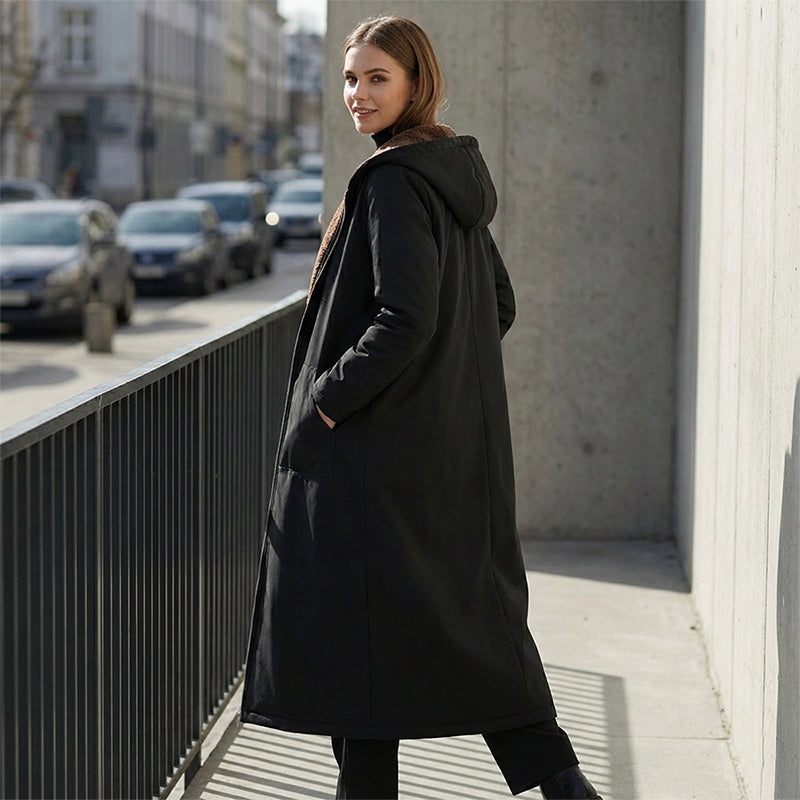 Winter Parka | Langer gefütterter Mantel mit Kapuze, Reißverschluss und verlängertem Saum für kalte Tage