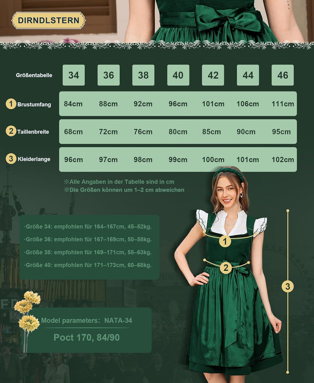 Dirndl Midi Damen | Leinen-Dirndl mit Trachtenrock und Schürze für Oktoberfest und Volksfest