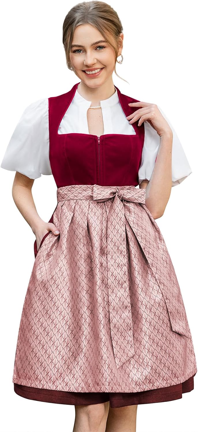 Dirndl Midi Damen | Rotes Samtdirndl mit Plissee-Schürze für Oktoberfest, Volksfest und festliche Anlässe