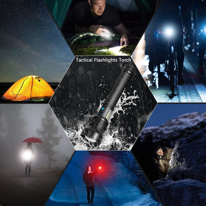 LED-taskulamppu XHP70 | 7000 lumenia, jopa 500 m | USB-ladattava 3000 mAh, IPX5, kohde-/valokeila &amp; sivuvalo