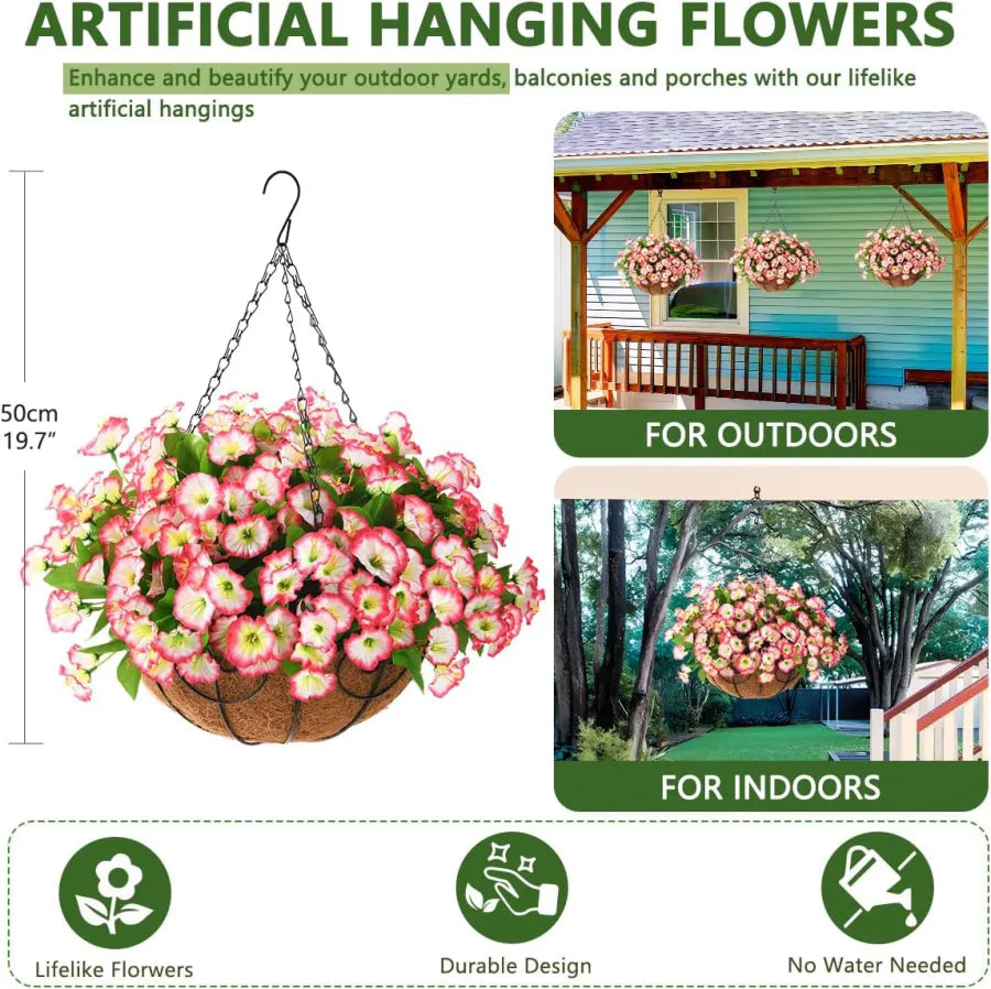 Artificial hanging flowers in basket made of silk &amp; plastic | UV &amp; weather resistant for indoor/outdoor | 7 colors, permanently fresh