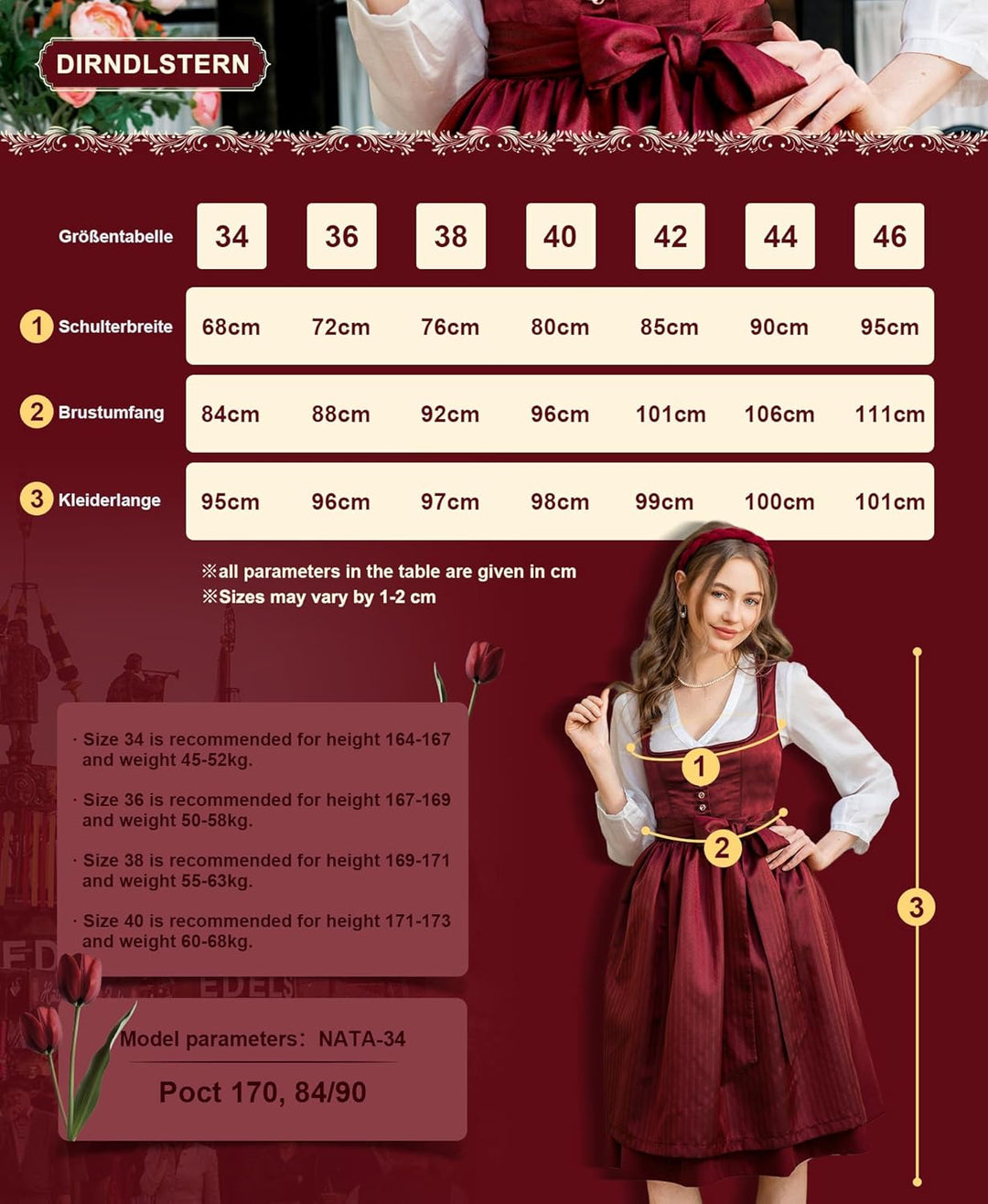 Dirndl Midi Damen | Trachtenkleid mit Plissee-Schürze für Oktoberfest, Volksfest und festliche Anlässe
