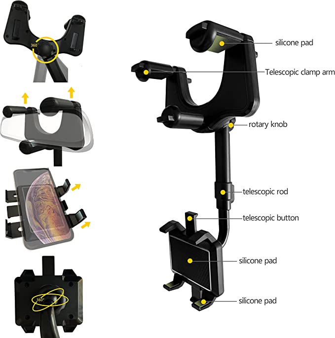 360° Drehbare Auto-Spiegel Handyhalterung | Ausziehbare Smartphone-Halterung bis 6,5 Zoll | Klappbar für Navigation auf Augenhöhe