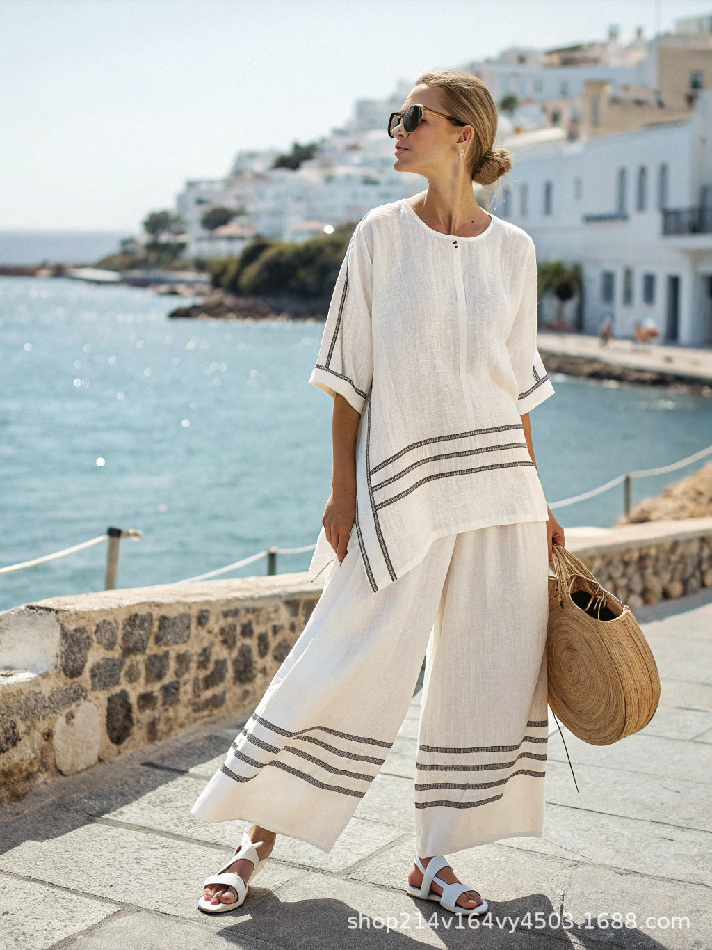 Damen 2-teiliges Sommer Set mit Fledermausärmeln | Lockeres Shirt &amp; Gerade Hose | Lässiger Freizeit Look