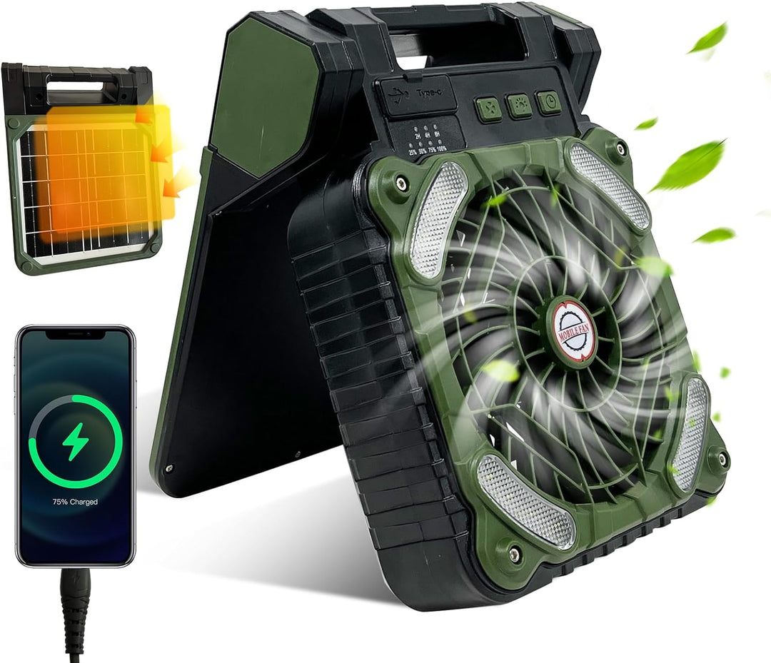 Portable solar camping fan | LED light &amp; 20800 mAh power bank | Sun breeze