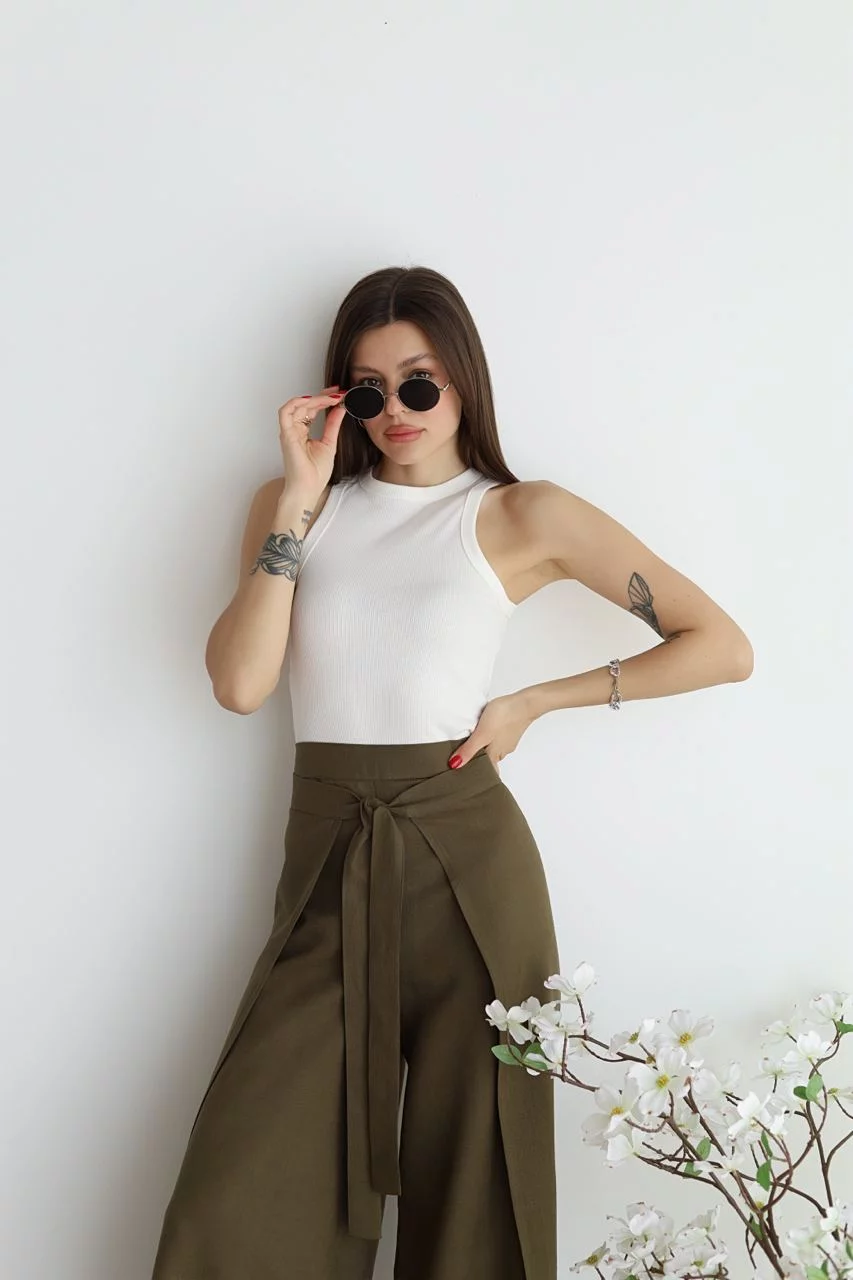 Pantalon en lin femme | Jambe large &amp; design portefeuille | Taille haute, confortable &amp; élégant pour quotidien &amp; occasions spéciales