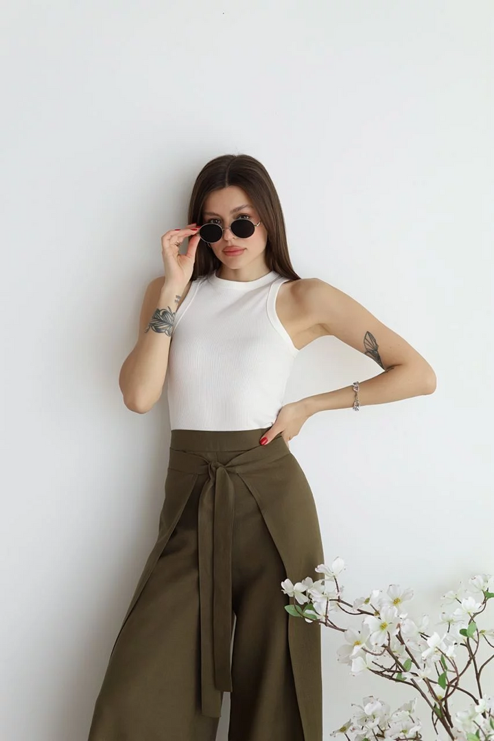 Pantalon en lin femme | Jambe large &amp; design portefeuille | Taille haute, confortable &amp; élégant pour quotidien &amp; occasions spéciales
