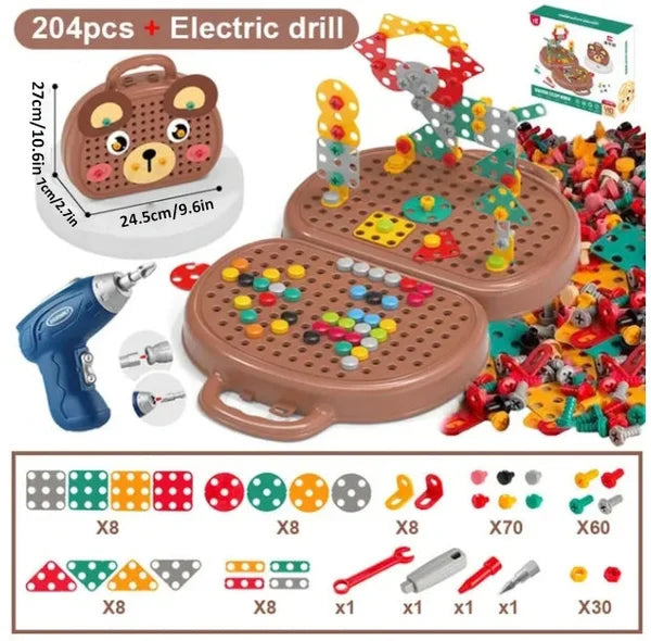 BauBohrer™ Montessori Bau- &amp; Bohrset | 2D &amp; 3D Kreativspiel | Fördert STEM-Fähigkeiten &amp; Feinmotorik