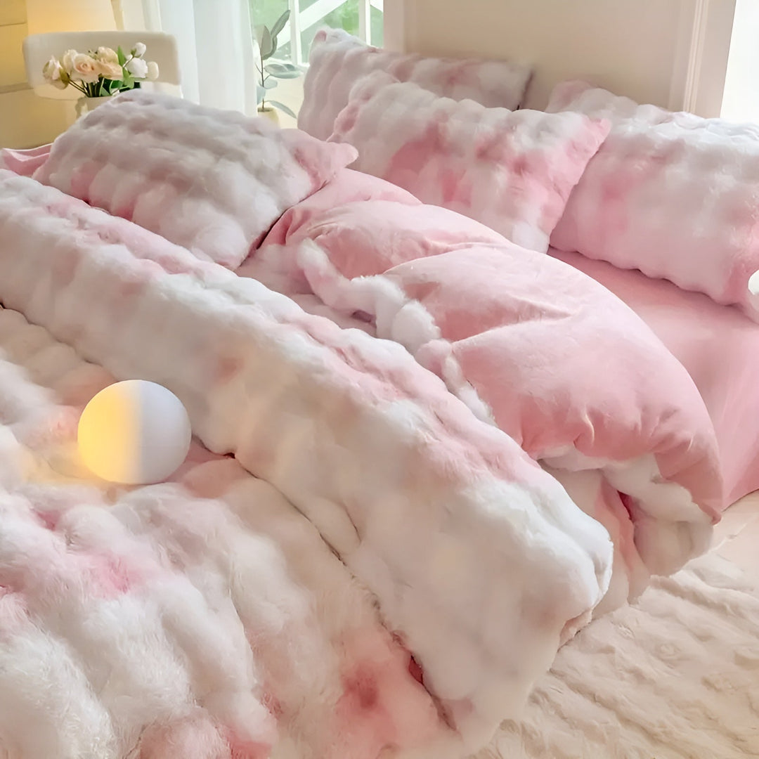 Plüsch Bettwäsche für Herbst &amp; Winter | Wendbarer Bettbezug mit Kaninchenfell-Optik und weicher Milchvelours-Seite | Waschbar