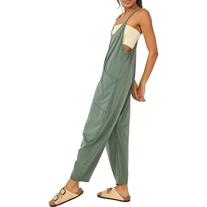 Damen Jumpsuit ärmellos aus Baumwollmix | U-Ausschnitt &amp; rückenfrei | Weites Bein, Taschen, Pull-On | Bequem &amp; luftig