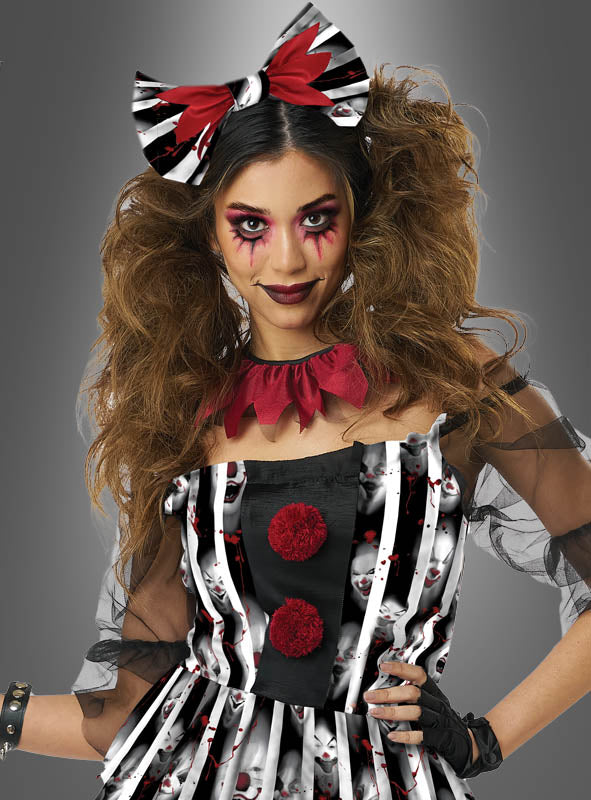 Horror Clown Kostüm Damen | Schwarz-weiß-rotes Clownkleid mit Unterrock, Rüschenkragen und Haarreif für Halloween