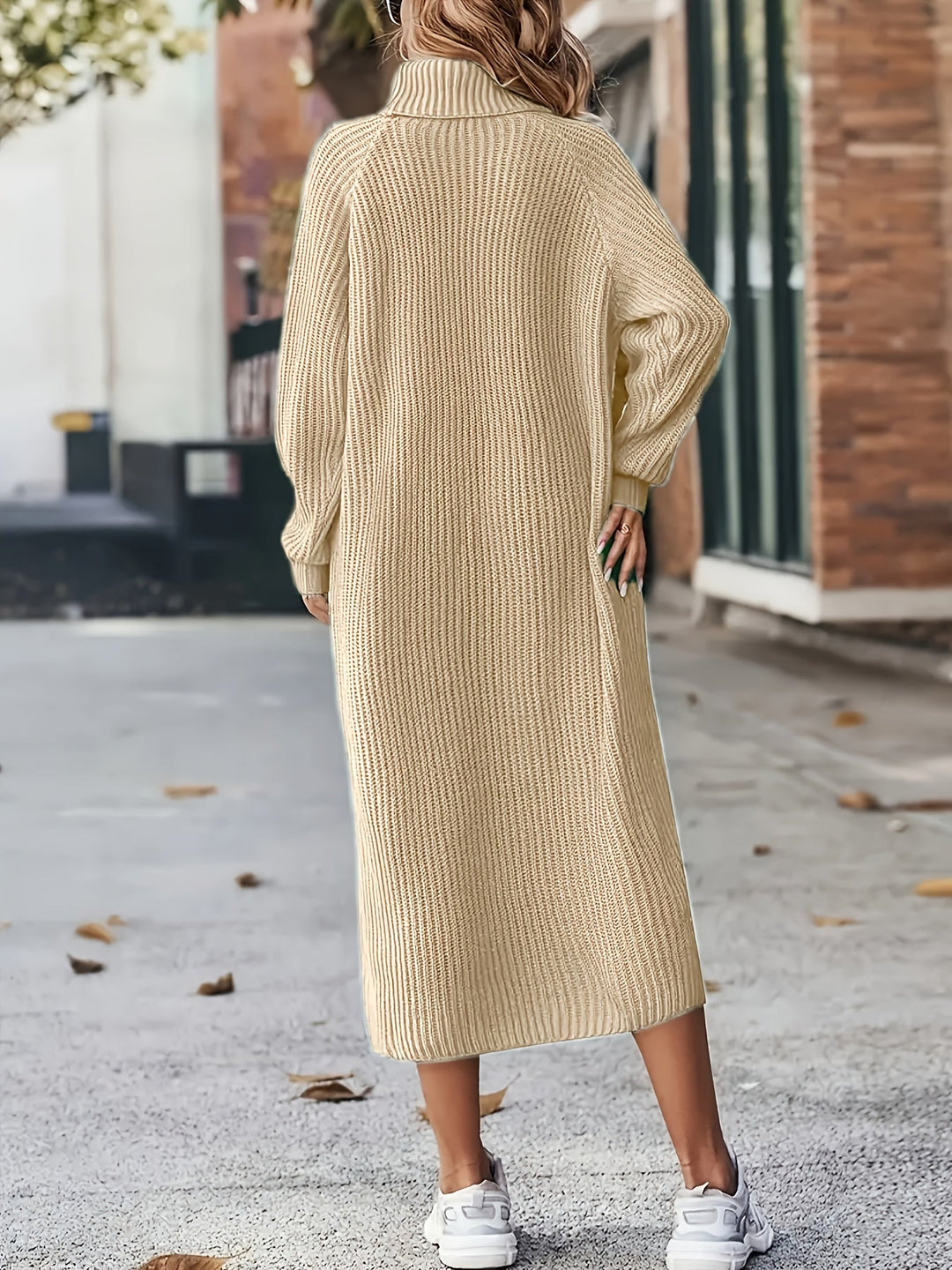 Damen Strickkleid Midi mit Rollkragen | Warmes Langarm-Pulloverkleid mit lockerer Passform und Raglanärmeln für Herbst und Winter