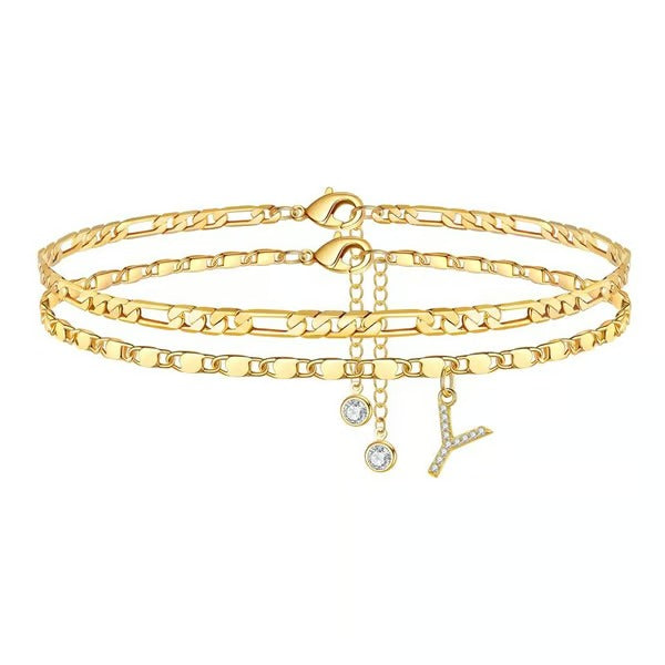 Chaîne de cheville lettres multicouches et réglable | Hypoallergénique, sans nickel ni plomb | Or/argent | 21,5 cm + 5 cm