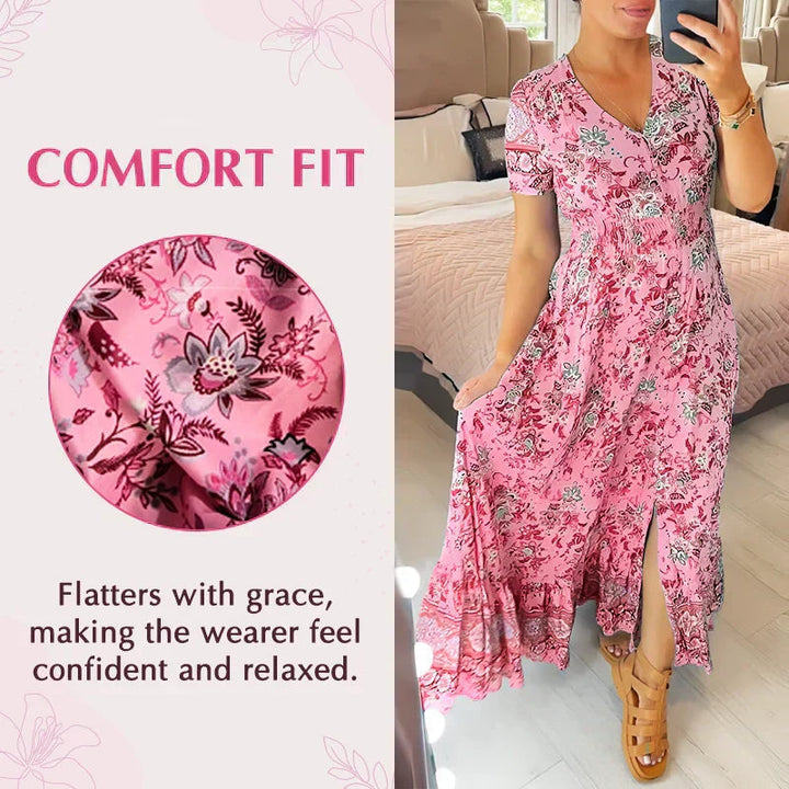 Schmeichelndes Sommerkleid aus Stretch-Baumwollmischung | V-Ausschnitt für feminine Linie | Bequem &amp; vielseitig | Größen XS–5XL