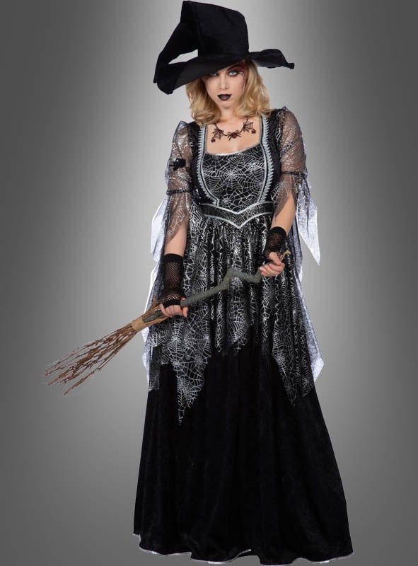 Hexenkleid Damen Spinnennetz | Bodenlanges schwarzes Hexenkostüm mit silbernen Spinnweben und transparenten Ärmeln für Halloween