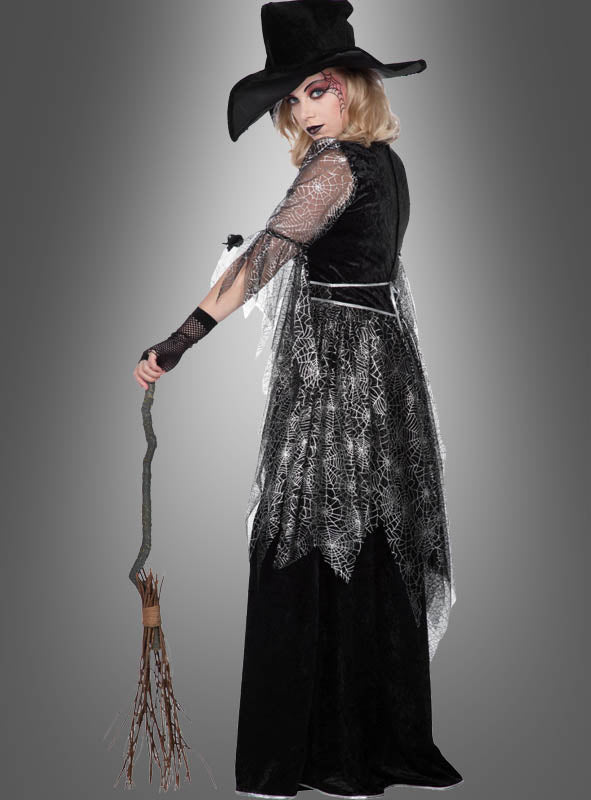Hexenkleid Damen Spinnennetz | Bodenlanges schwarzes Hexenkostüm mit silbernen Spinnweben und transparenten Ärmeln für Halloween