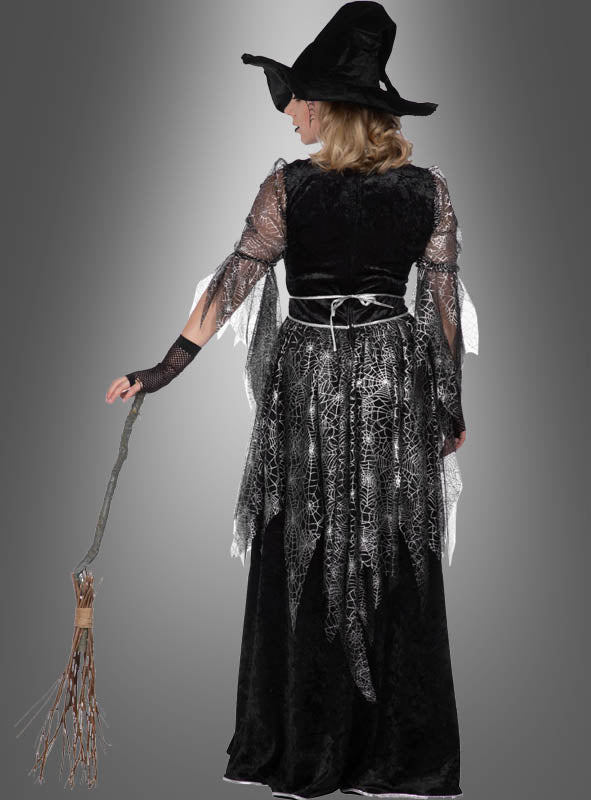 Hexenkleid Damen Spinnennetz | Bodenlanges schwarzes Hexenkostüm mit silbernen Spinnweben und transparenten Ärmeln für Halloween