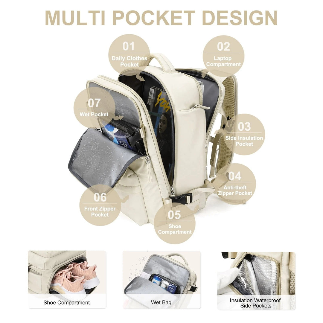 Reiserucksack Damen 35 L | Wasserabweisend mit Laptopfach, Schuhfach und USB-Anschluss SEO-Beschreibung:
