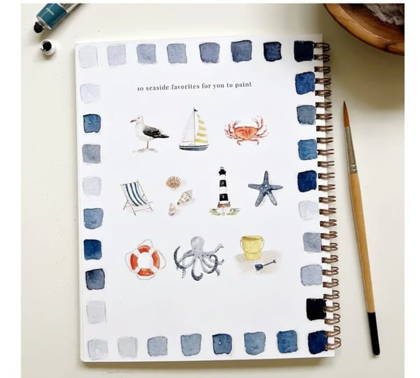 Cahier de travail aquarelle pour débutants | 12 motifs avec guide étape par étape | Papier 120 lb, 6,5"×9", mélange et peinture