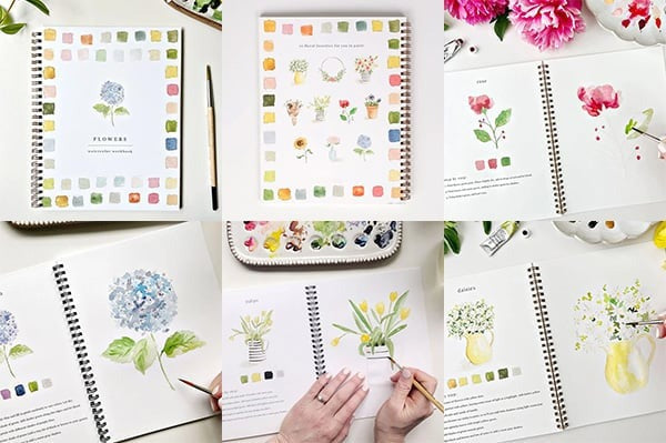 Cahier de travail aquarelle pour débutants | 12 motifs avec guide étape par étape | Papier 120 lb, 6,5"×9", mélange et peinture