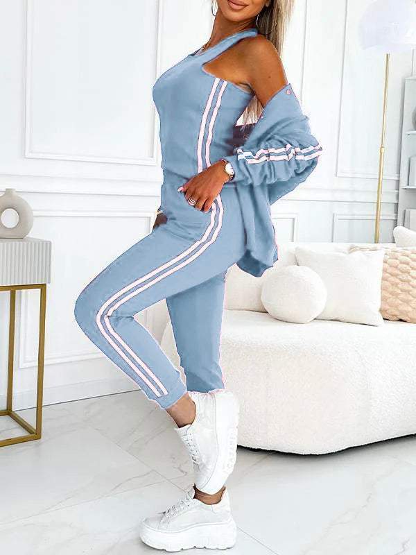 Damen 3-teiliges Set mit Baseballjacke, Racerback Top &amp; Jogginghose | Wärmend &amp; atmungsaktiv | Seitenstreifen Look | S–5XL