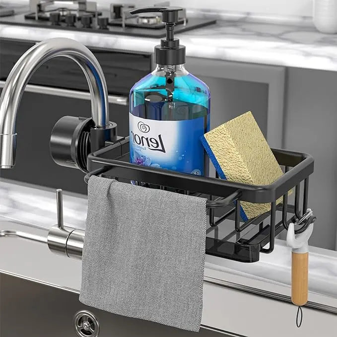 Küchenarmatur Organizer mit Abtropfschale | Schwamm- &amp; Seifenhalter mit Handtuchstange | Werkzeuglose Klemmmontage | Schwarz