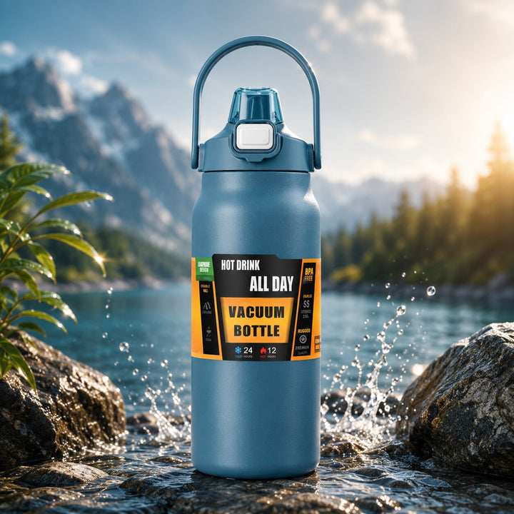 Thermosflasche aus Edelstahl | Doppelwandige Vakuumisolierung mit Strohhalm und auslaufsicherem Deckel