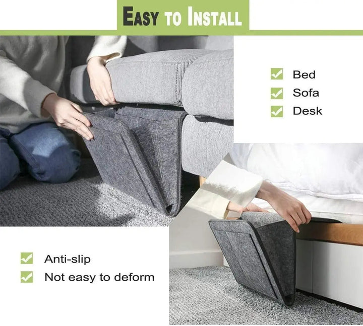 Filz-Organizer für Bett &amp; Sofa mit 3 Fächern | Für Tablet, Smartphone &amp; Ladekabel | Hängende Aufbewahrung ohne Bohren