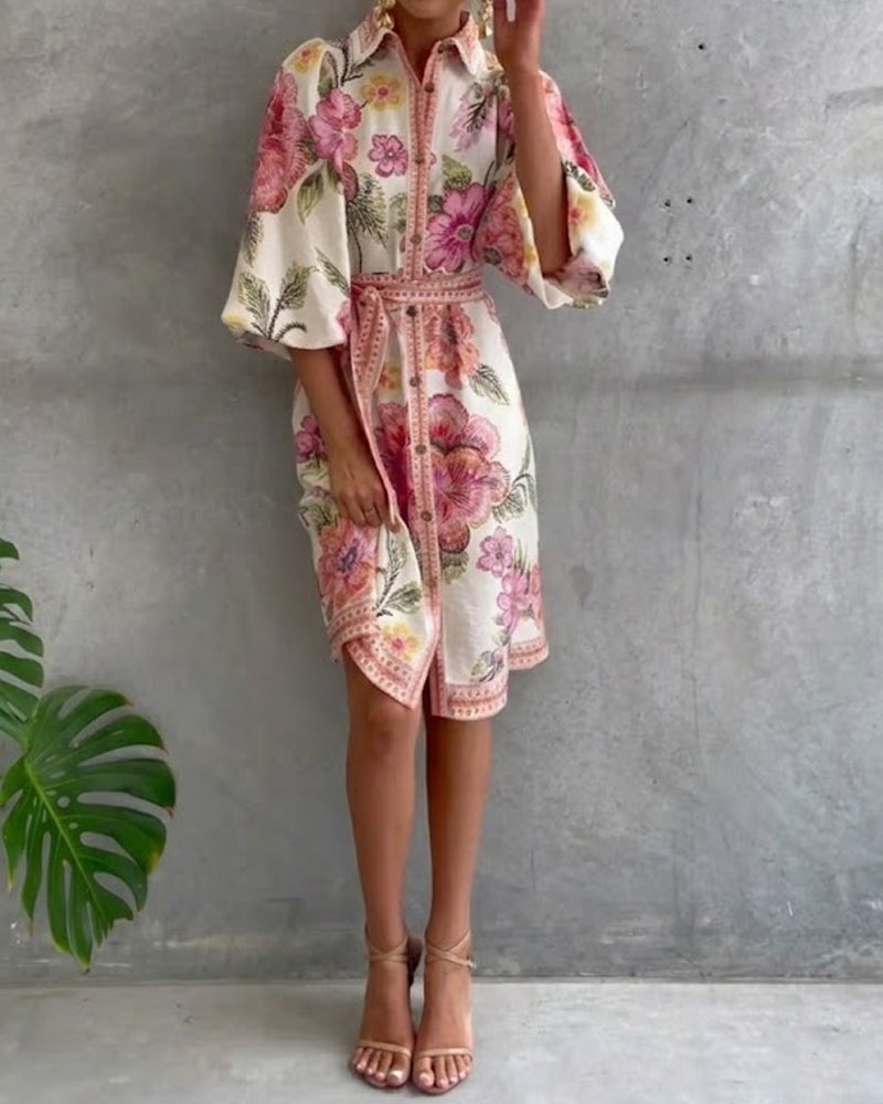 Damen A-Linien Kleid mit Print | Knielanges Kleid mit Reverskragen &amp; Laternenärmeln | Elegant für Frühling &amp; Sommer