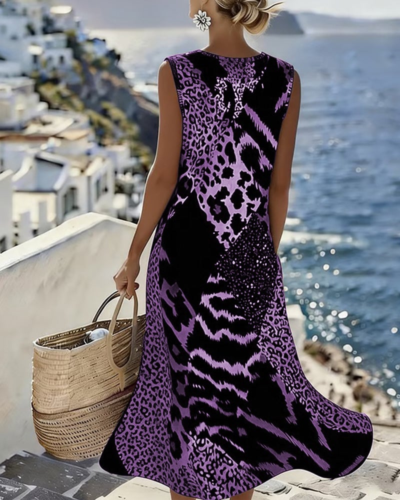 Damen Midi Kleid mit Leopardenmuster | Ärmelloses Shiftkleid aus Baumwollmischung | Luftiger Sommer-Look