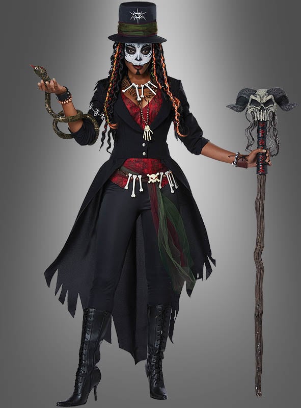 Voodoo Zauberin Kostüm Damen | Halloween Kostüm mit Jacke, Weste, Zylinder, Knochenkette und Voodoo-Accessoires