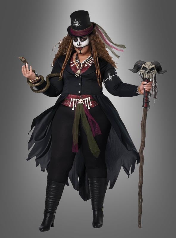 Voodoo Zauberin Kostüm Damen | Halloween Kostüm mit Jacke, Weste, Zylinder, Knochenkette und Voodoo-Accessoires