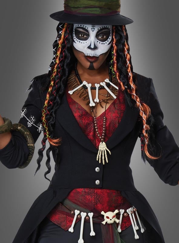 Voodoo Zauberin Kostüm Damen | Halloween Kostüm mit Jacke, Weste, Zylinder, Knochenkette und Voodoo-Accessoires