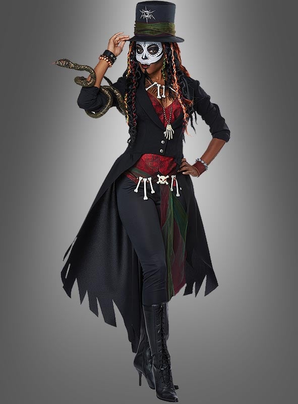 Voodoo Zauberin Kostüm Damen | Halloween Kostüm mit Jacke, Weste, Zylinder, Knochenkette und Voodoo-Accessoires