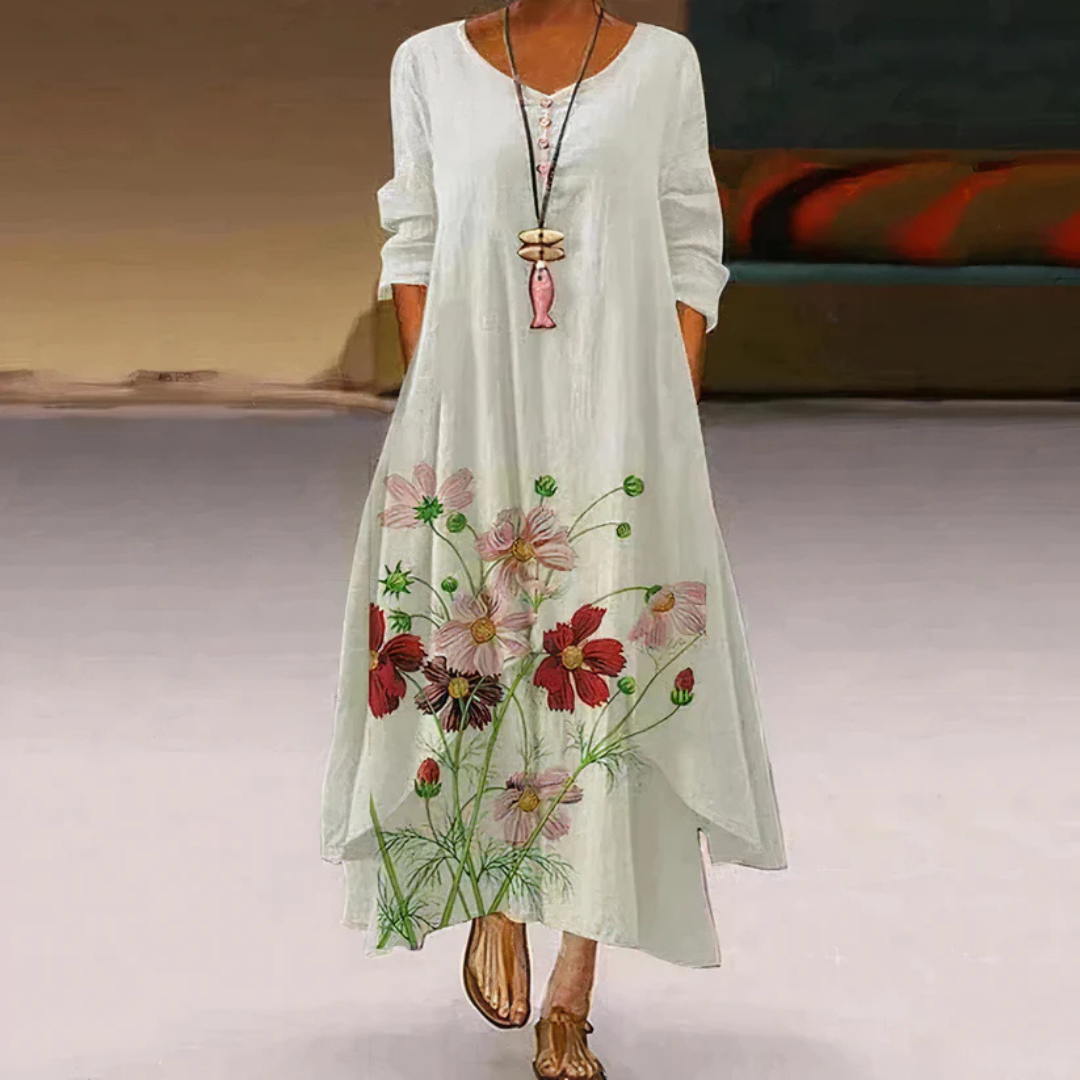 Damen Sommer Maxi-Kleid doppellagig mit Print &amp; Langarm | Luftig-leicht, fließender Schnitt | Figur schmeichelnd | Strand &amp; Events