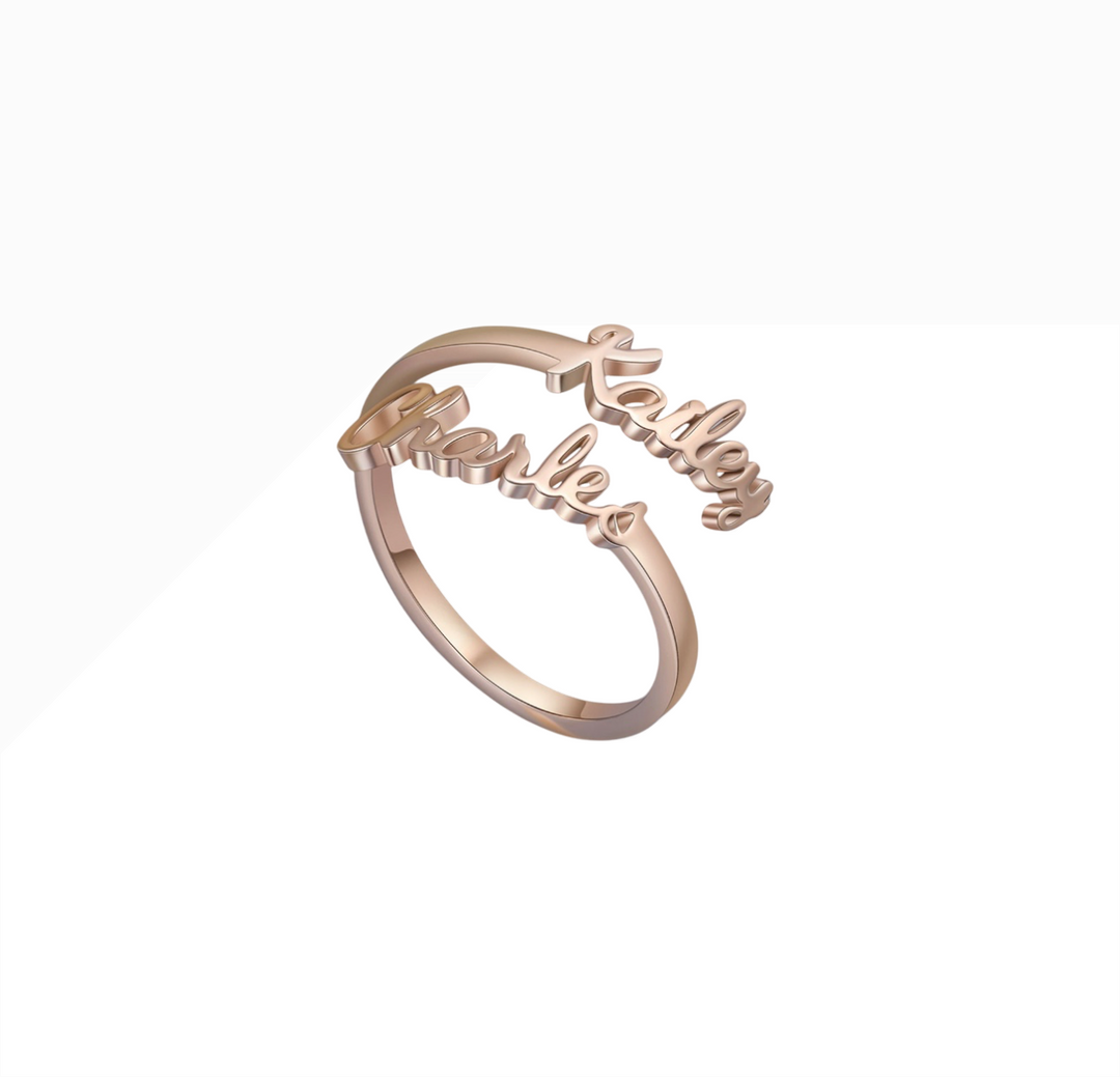 Personalisierbarer Namensring mit 2 Namen | Edelstahl mit 18K-Vergoldung | Verstellbare Größe | Gold, Silber &amp; Roségold