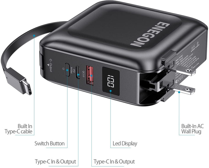 Powerbank | 15000 mAh mit AC-Stecker und Schnellladung für Smartphone und Tablet