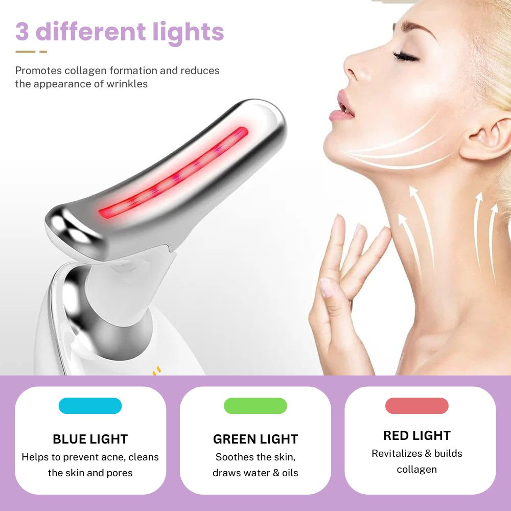 Anti-Falten Nacken- &amp; Gesichtsmassagegerät | Ionenreinigung, Vibration &amp; Wärme | LED Rot/Blau/Grün | USB-aufladbar