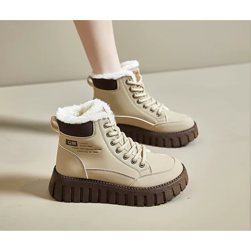 Damen Winterstiefel mit dickem Fellfutter | Warme Schnürstiefel mit rutschfester Profilsohle in Schwarz und Khaki für kalte Tage