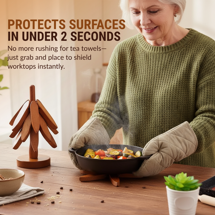 Wooden trivet set 3 + holder | Heat- &amp; water-resistant hardwood 18x18 cm | Stackable in light/dark brown