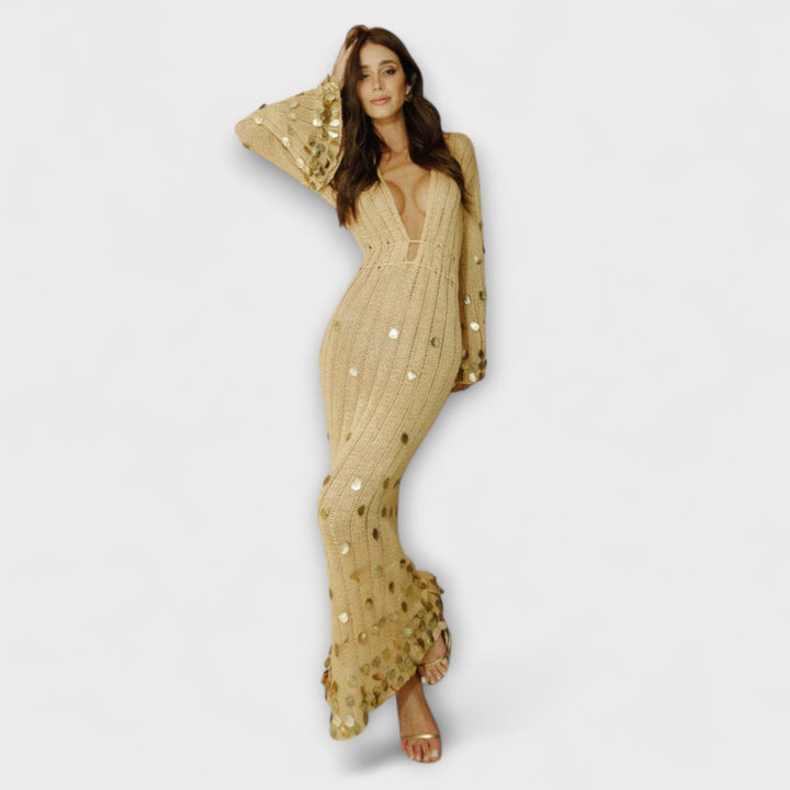 Damen Strick Maxikleid in Gold | Elegantes langes Kleid mit tiefem Ausschnitt, verstellbarer Taille und Paillettenärmeln für festliche Anlässe
