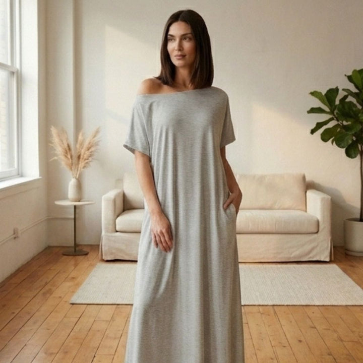 Off-shoulder maxi dress with pockets | Loose and airy | Summer dress with wide neckline S–2XL