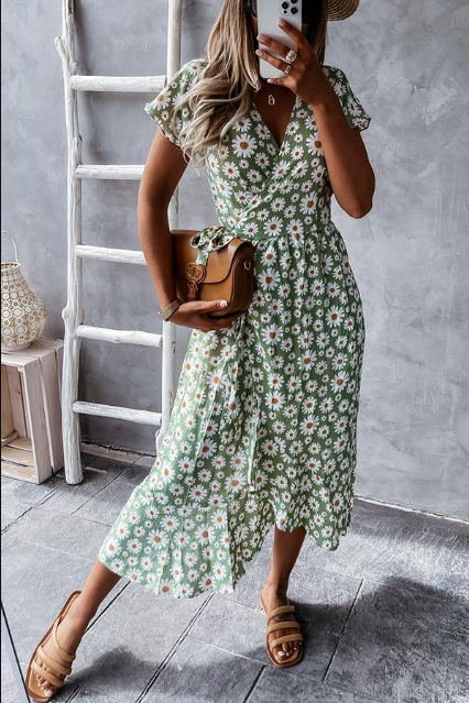 Damen Midikleid mit Gänseblümchenmuster | A-Linie &amp; herzförmiger Ausschnitt | Leichtes Material für Sommer &amp; Events