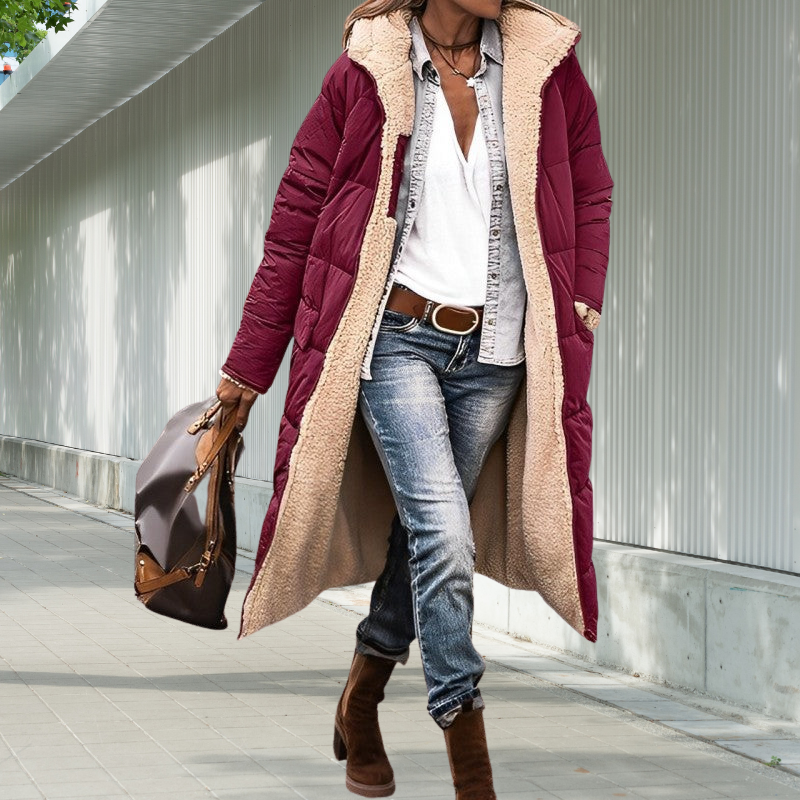 Damen Winterjacke lang mit Kapuze | Wattierte lange Jacke mit Reißverschluss und Seitentaschen für Alltag und kalte Tage