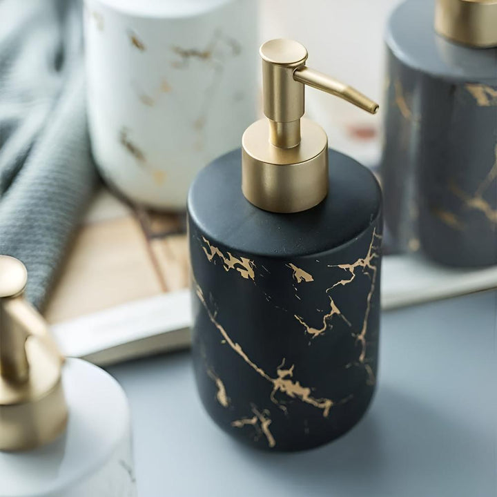 Distributeur de savon de luxe en céramique | Aspect marbre &amp; accents dorés | 400 ml, élégant pour salle de bain &amp; cuisine
